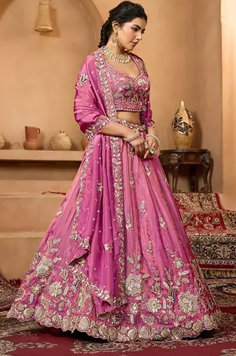 Embroidered Sequinned Semi-Stitched Tissue Lehenga & Blouse With Dupatta Free Size Upto 42