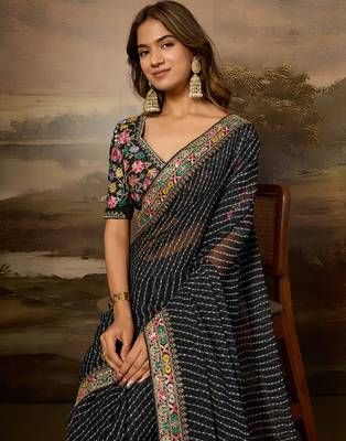 Black embroidered leheriya georgette saree with designer border 2