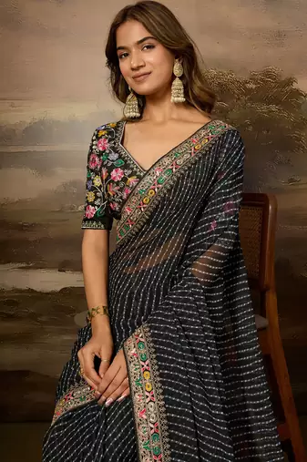 Black embroidered leheriya georgette saree with designer border