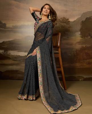 Black embroidered leheriya georgette saree with designer border 3