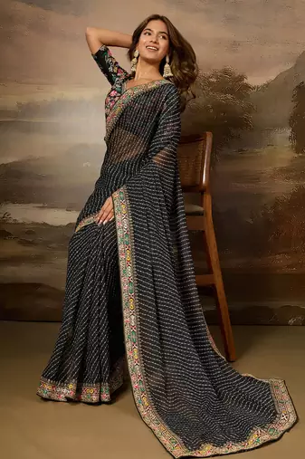 Black embroidered leheriya georgette saree with designer border