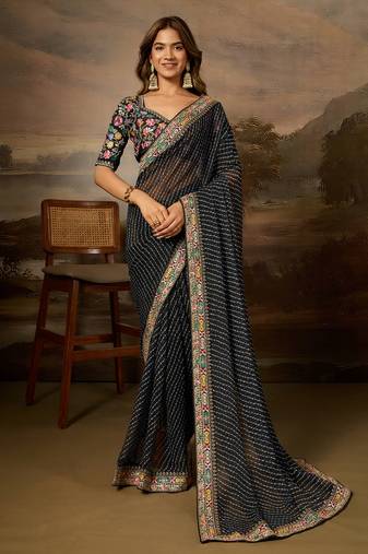 Black embroidered leheriya georgette saree with designer border