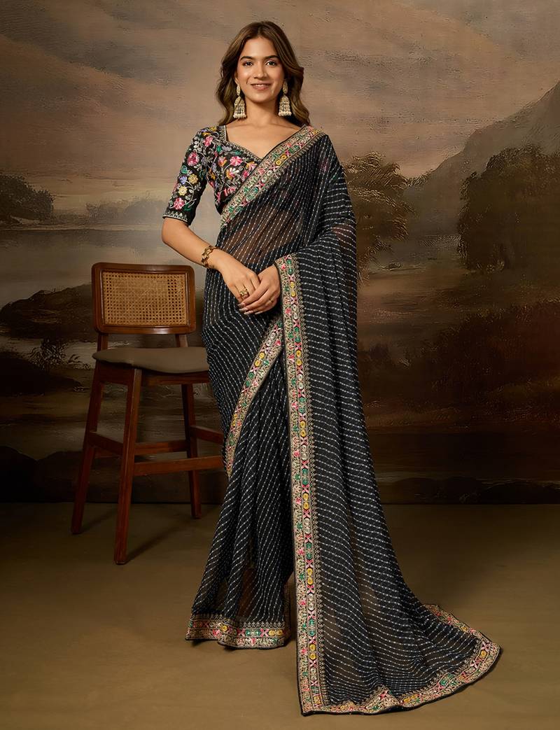 Black embroidered leheriya georgette saree with designer border