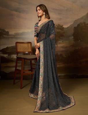 Black embroidered leheriya georgette saree with designer border 4