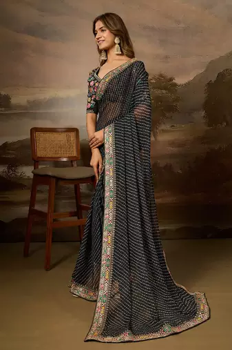 Black embroidered leheriya georgette saree with designer border