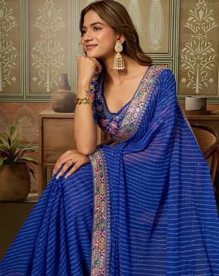 Blue embroidered leheriya georgette saree with designer border 2