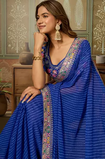 Blue embroidered leheriya georgette saree with designer border