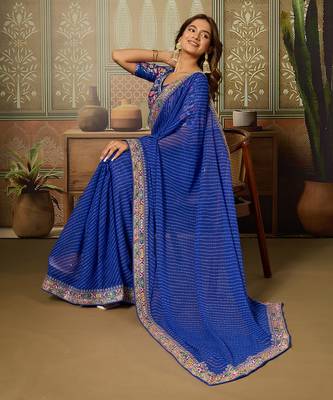 Blue embroidered leheriya georgette saree with designer border 3