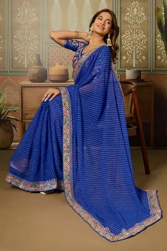 Blue embroidered leheriya georgette saree with designer border