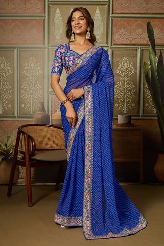 Blue embroidered leheriya georgette saree with designer border
