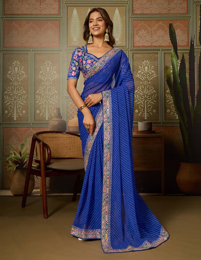 Blue embroidered leheriya georgette saree with designer border