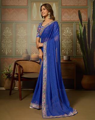 Blue embroidered leheriya georgette saree with designer border 4