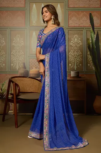 Blue embroidered leheriya georgette saree with designer border