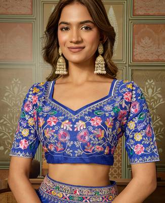 Blue embroidered leheriya georgette saree with designer border 5