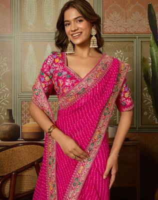 Pink embroidered leheriya georgette saree with designer border 2