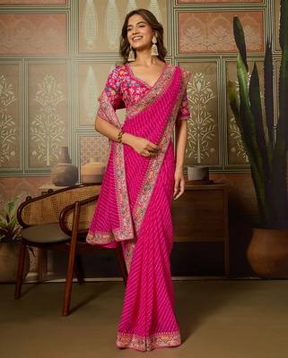 Pink embroidered leheriya georgette saree with designer border 3