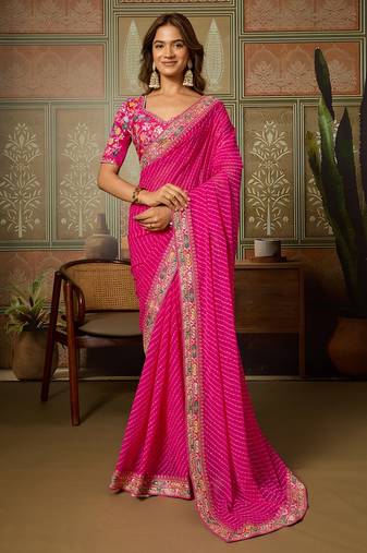 Pink embroidered leheriya georgette saree with designer border