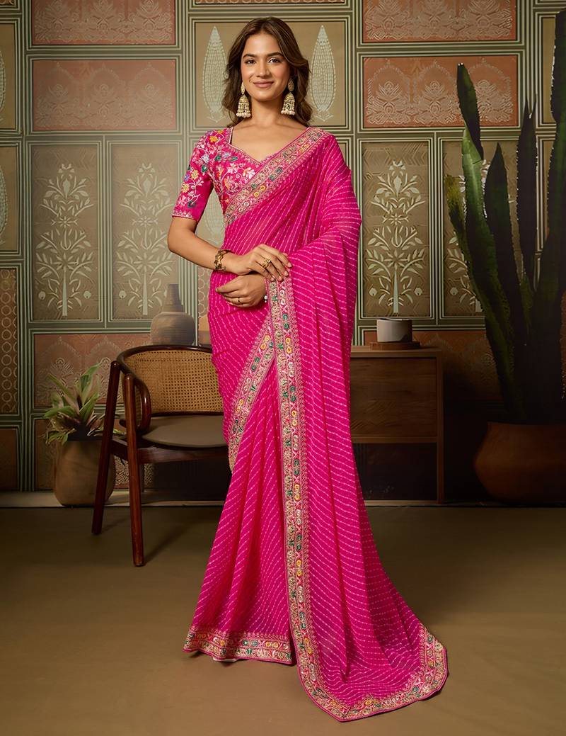 Pink embroidered leheriya georgette saree with designer border
