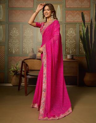 Pink embroidered leheriya georgette saree with designer border 4