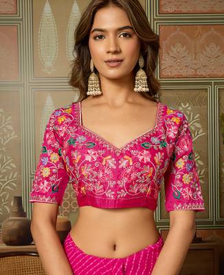 Pink embroidered leheriya georgette saree with designer border 5
