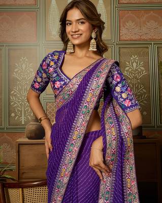 Purple embroidered leheriya georgette saree with designer border 2