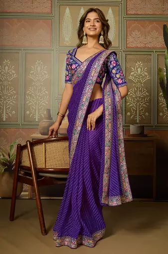 Purple embroidered leheriya georgette saree with designer border