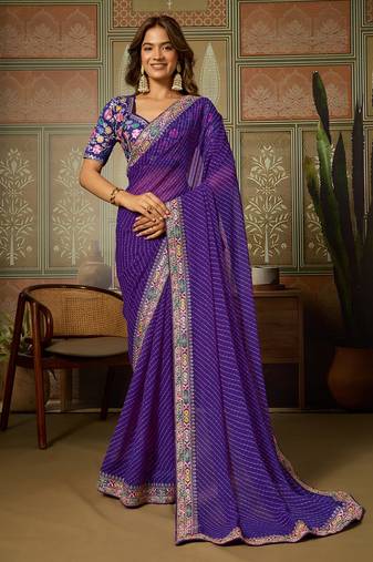 Purple embroidered leheriya georgette saree with designer border