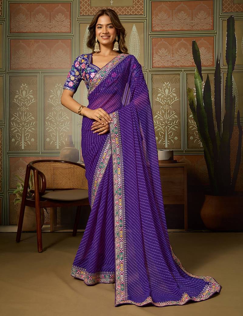 Purple embroidered leheriya georgette saree with designer border