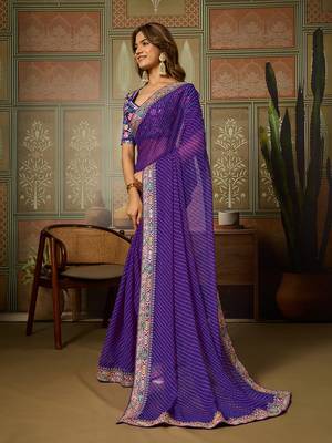 Purple embroidered leheriya georgette saree with designer border 4