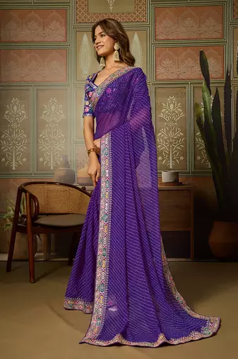 Purple embroidered leheriya georgette saree with designer border
