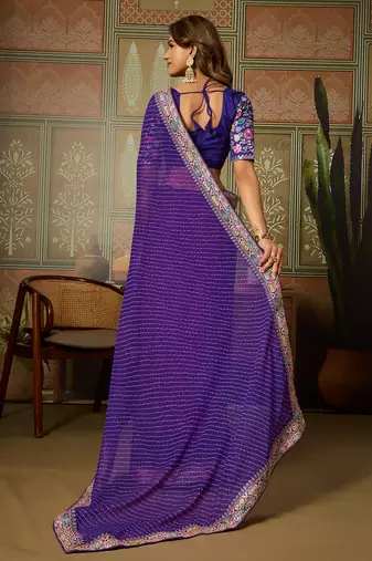 Purple embroidered leheriya georgette saree with designer border