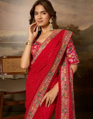 Red embroidered leheriya georgette saree with designer border 2
