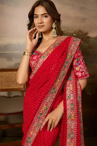 Red embroidered leheriya georgette saree with designer border