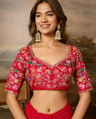 Red embroidered leheriya georgette saree with designer border 3