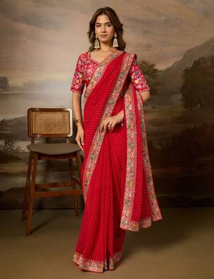 Red embroidered leheriya georgette saree with designer border 1