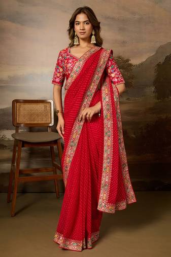 Red embroidered leheriya georgette saree with designer border