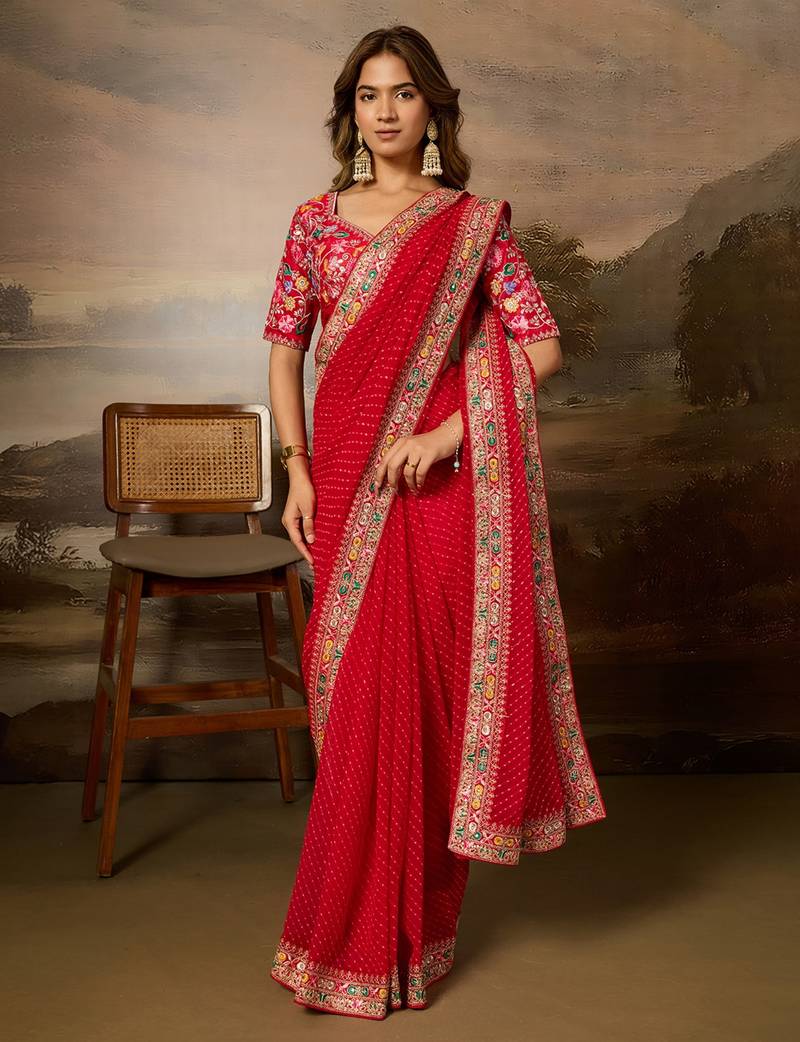 Red embroidered leheriya georgette saree with designer border