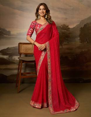 Red embroidered leheriya georgette saree with designer border 4