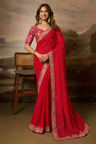Red embroidered leheriya georgette saree with designer border