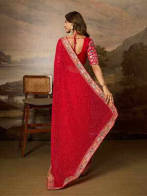 Red embroidered leheriya georgette saree with designer border 5
