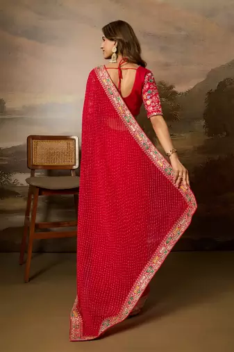 Red embroidered leheriya georgette saree with designer border