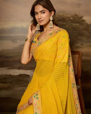Yellow embroidered leheriya georgette saree with designer border 2