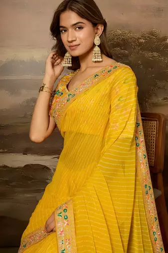 Yellow embroidered leheriya georgette saree with designer border