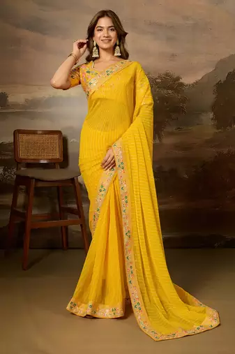 Yellow embroidered leheriya georgette saree with designer border