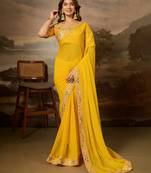 Yellow embroidered leheriya georgette saree with designer border