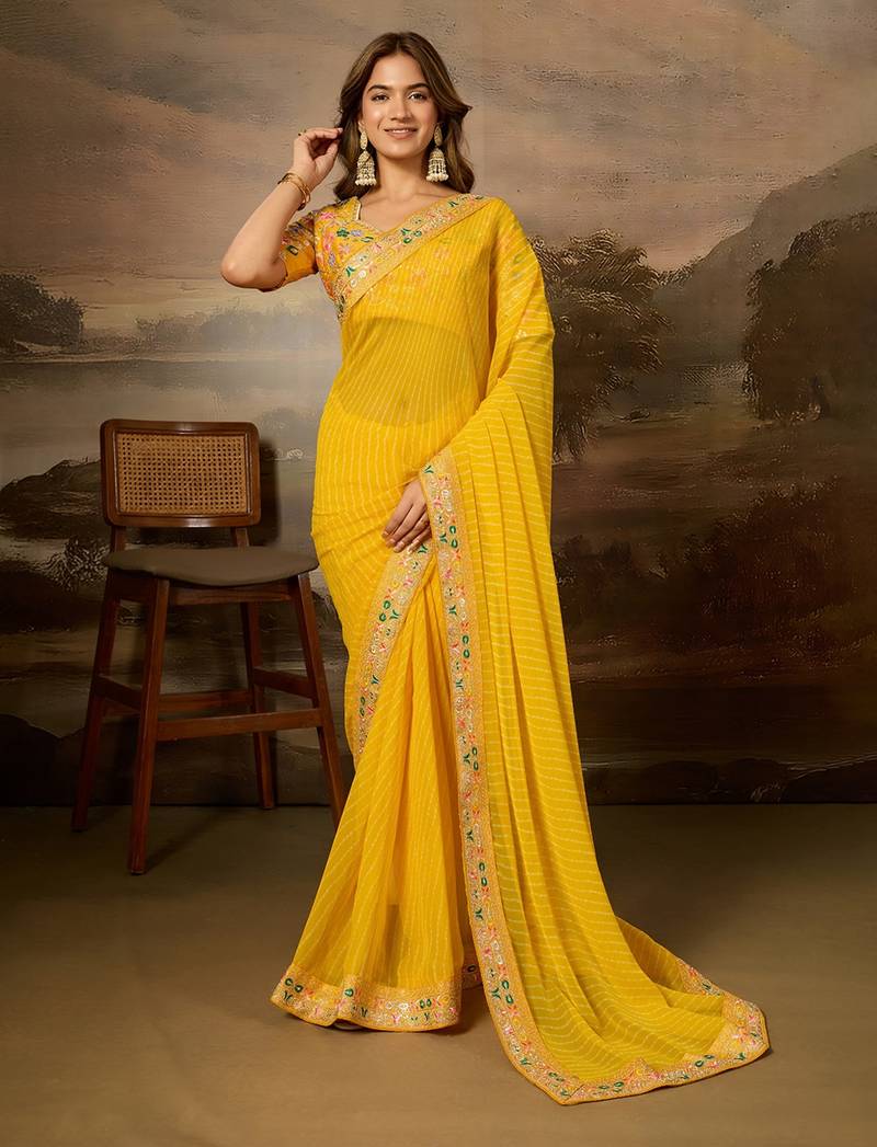 Yellow embroidered leheriya georgette saree with designer border