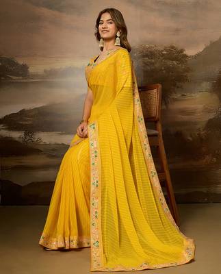 Yellow embroidered leheriya georgette saree with designer border 3