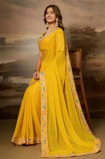 Yellow embroidered leheriya georgette saree with designer border