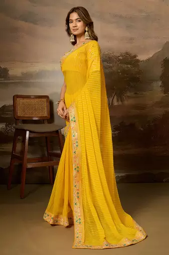 Yellow embroidered leheriya georgette saree with designer border
