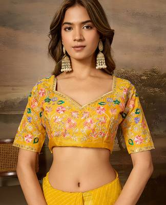 Yellow embroidered leheriya georgette saree with designer border 5
